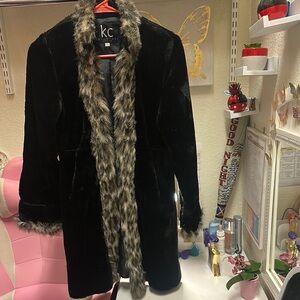 KC Black Faux Fur Coat with Leopard Trim